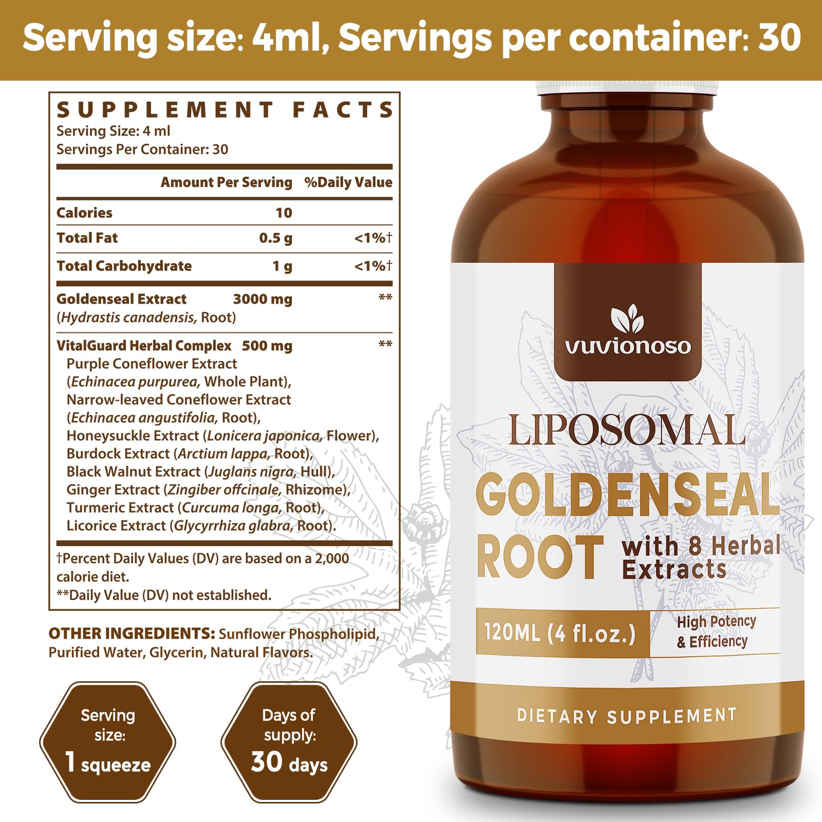 Vuvionoso Goldenseal bottle pour showing convenient serving
