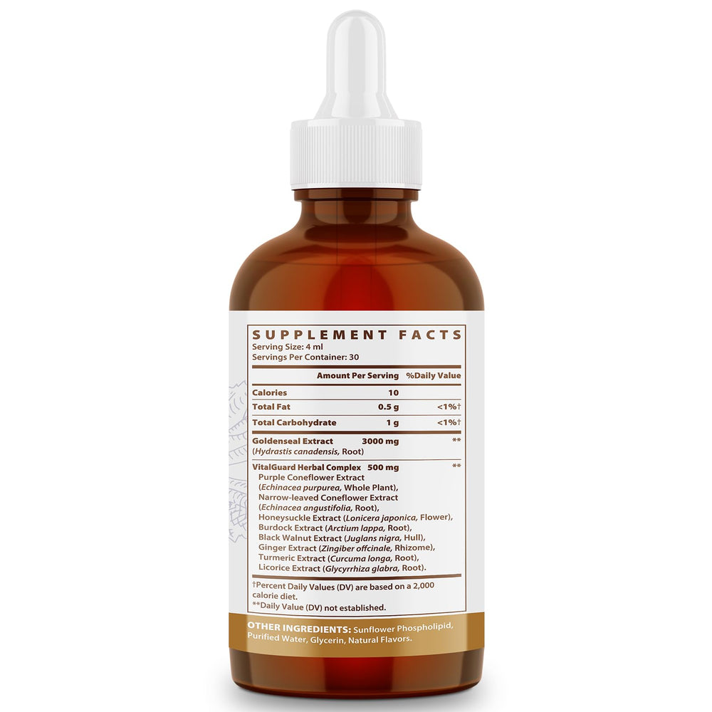 Vuvionoso Goldenseal label closeup with clear extract details