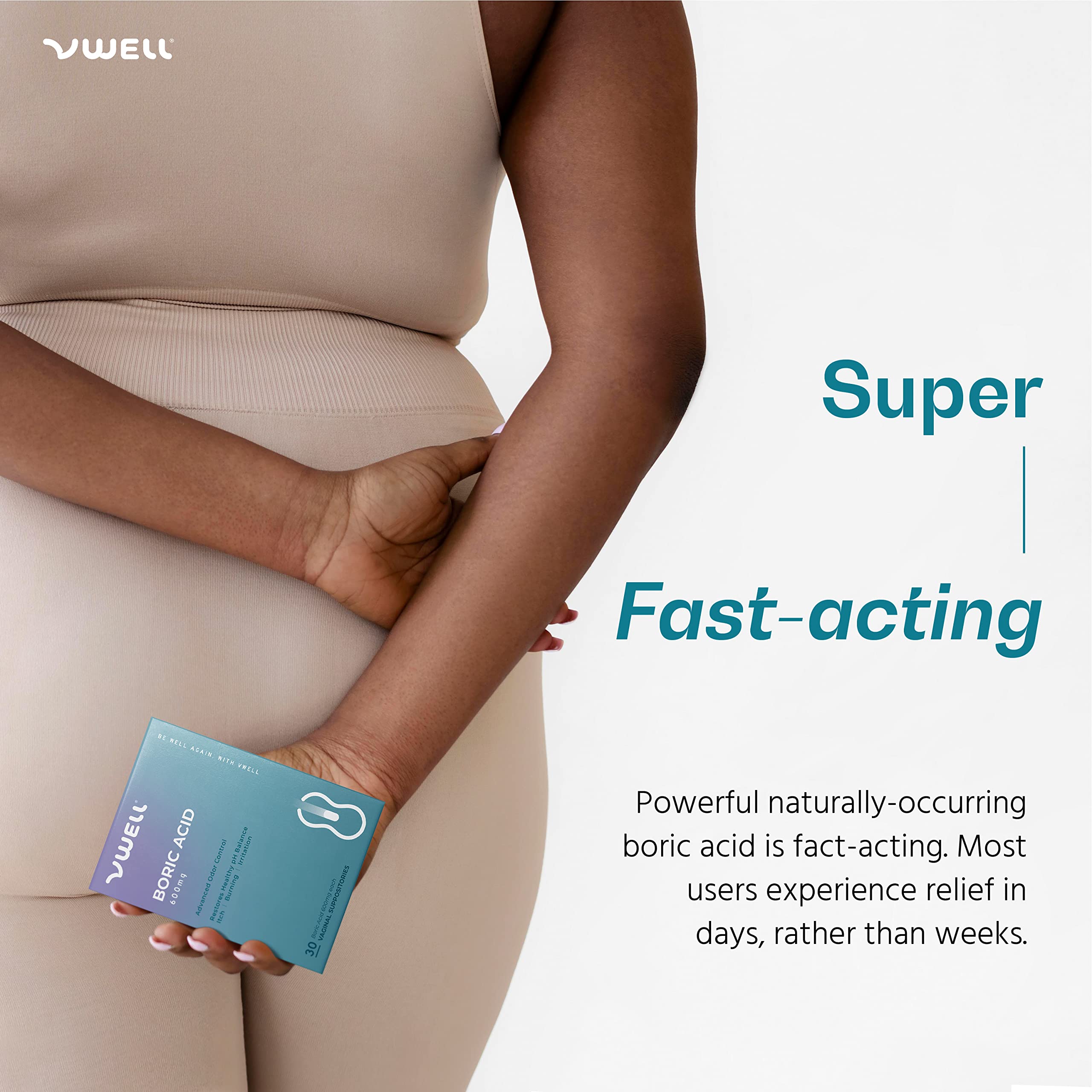 VWELL boric acid suppository application illustration demonstrates easy insertion for daily care