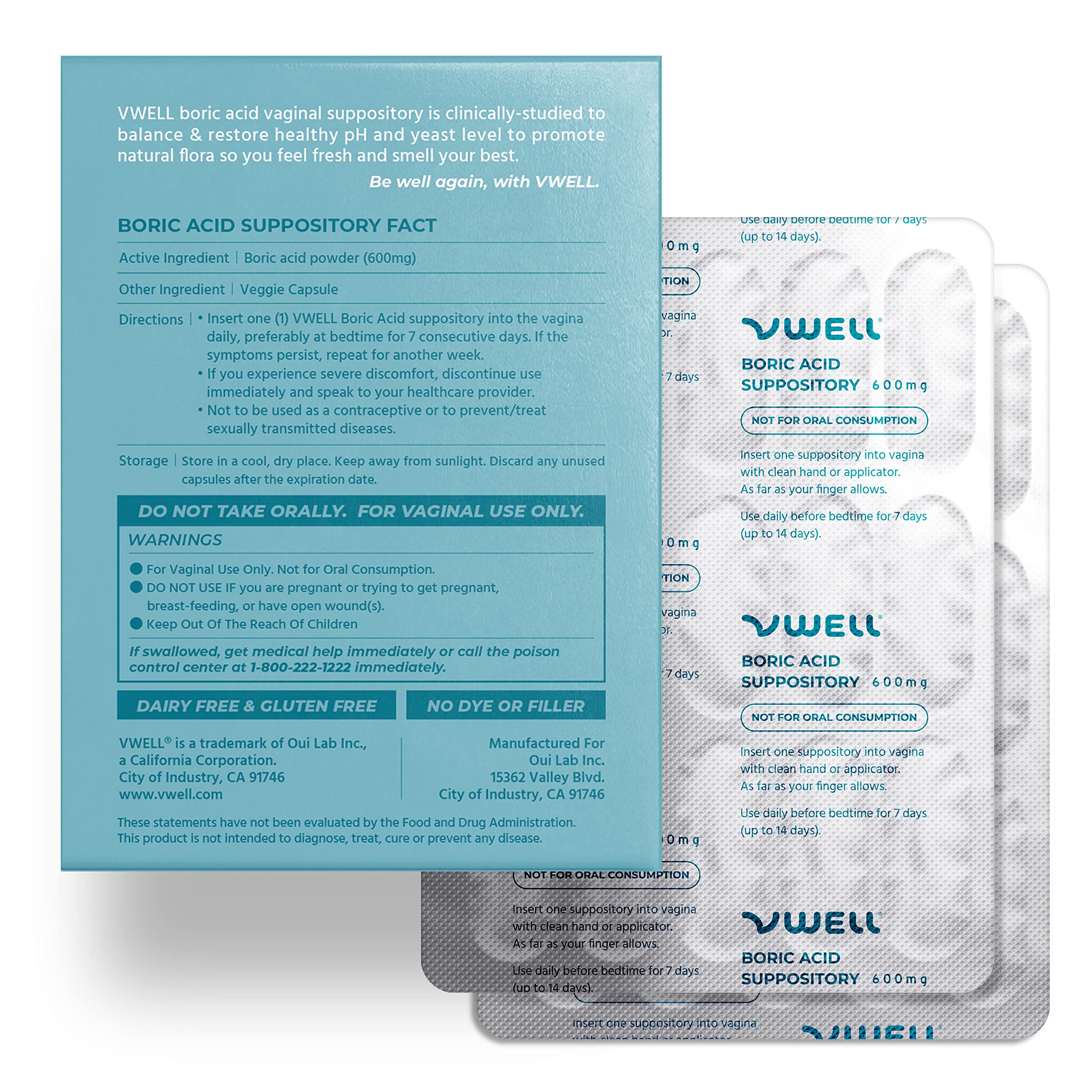 VWELL boric acid suppositories natural-ingredients emphasis image conveys single-ingredient formula