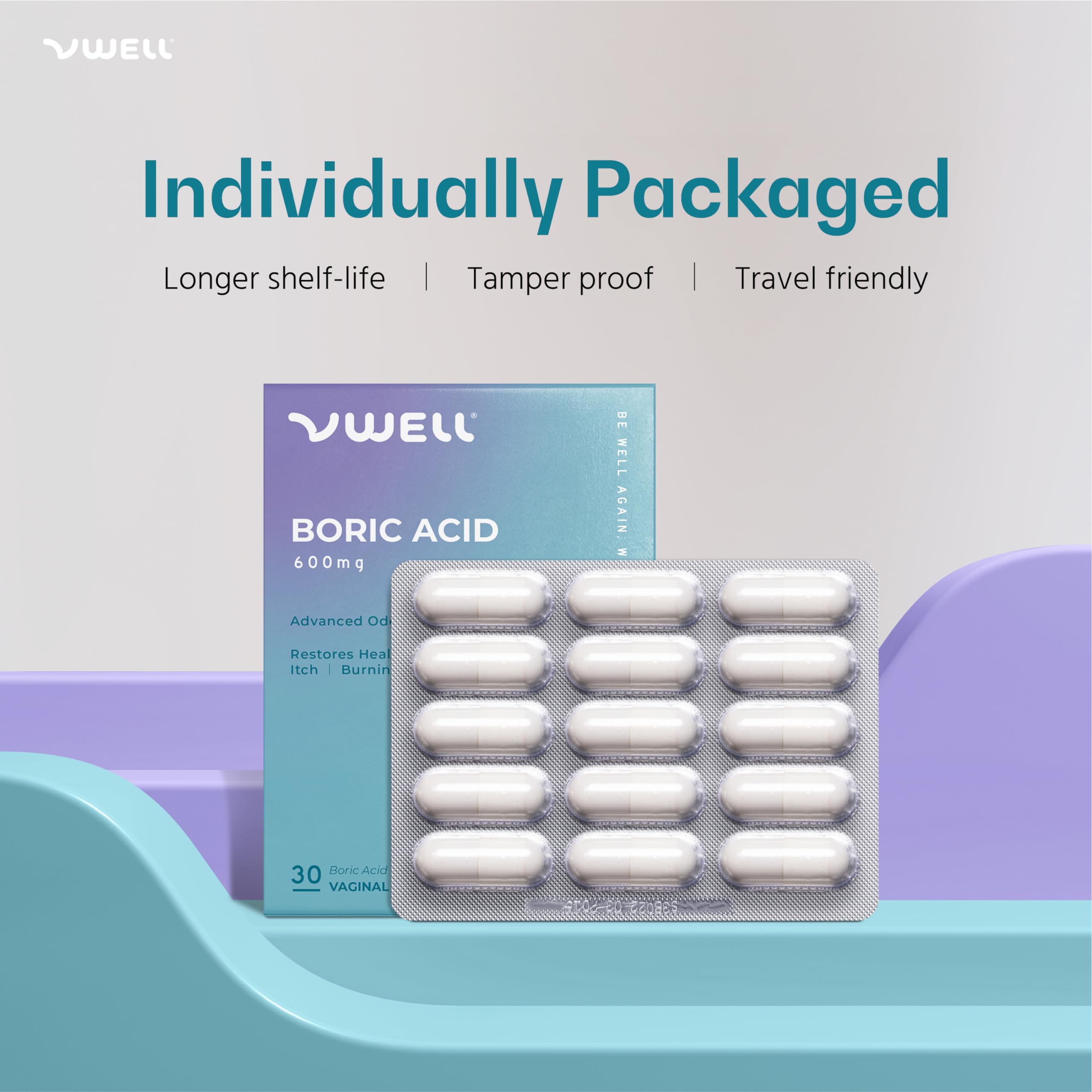VWELL boric acid suppositories travel-pack image promotes discreet, on-the-go maintenance