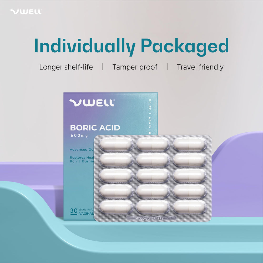 VWELL boric acid suppositories travel-pack image promotes discreet, on-the-go maintenance