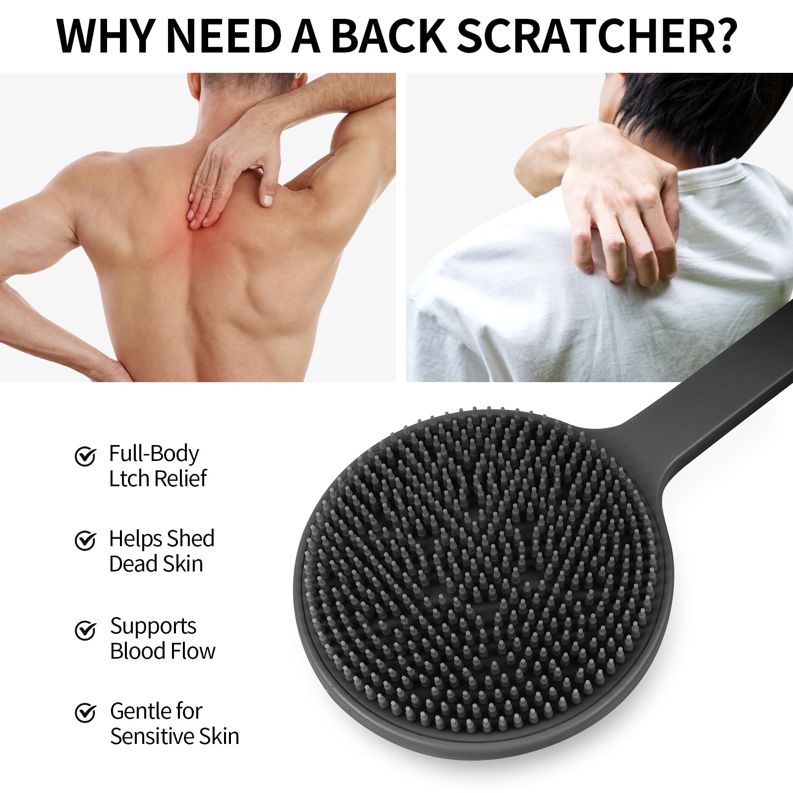 VWMYQ back scratcher silicone bristles and ABS core for durability.