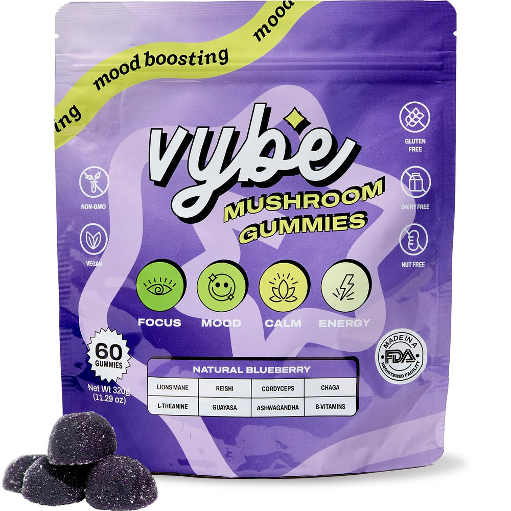Vybe Wellness daily nootropic gummies in a blueberry bottle for focused moments.