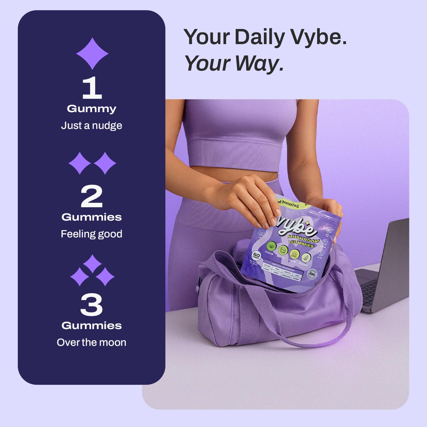 Blueberry flavored Vybe gummies glow as a daily brain boost.