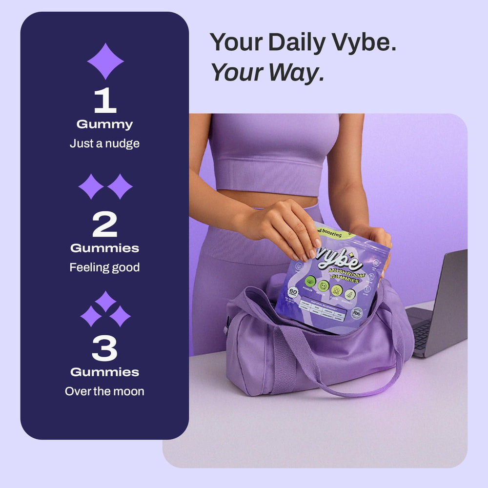 Blueberry flavored Vybe gummies glow as a daily brain boost.