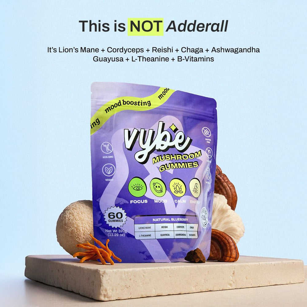 Ingredients scene with Lion’s Mane and Cordyceps for energizing potential.