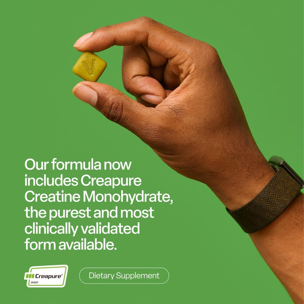 Close-up of VYBRANCE LABS Creapure gummies highlighting sour green apple flavor