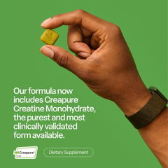 Close-up of VYBRANCE LABS Creapure gummies highlighting sour green apple flavor