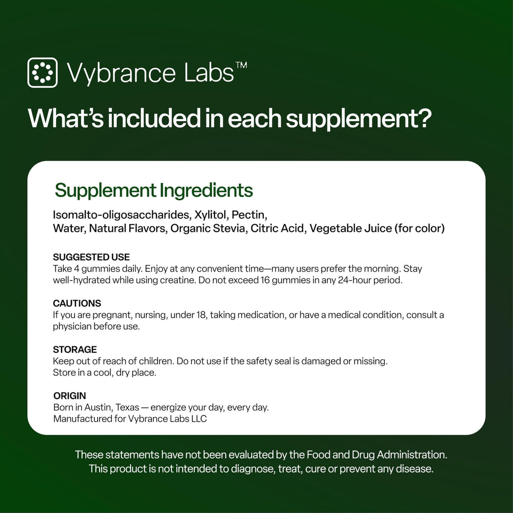 VYBRANCE LABS Creapure gummies green apple pack showing serving count