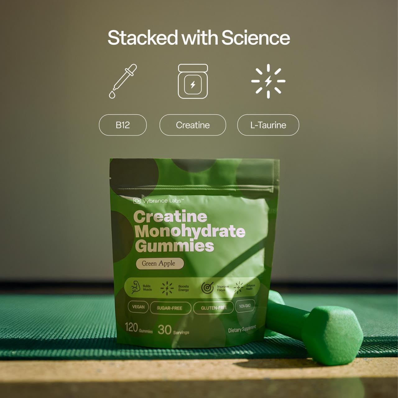 VYBRANCE LABS Creapure gummies vegan and gluten-free certification badge