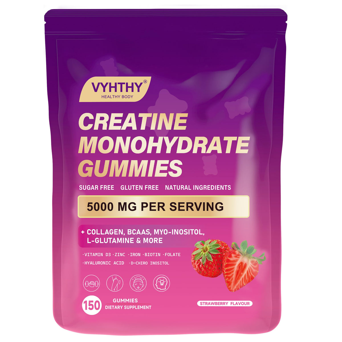 VYHTHY Creatine Monohydrate Gummies bottle shows convenient sugar-free post-workout support.
