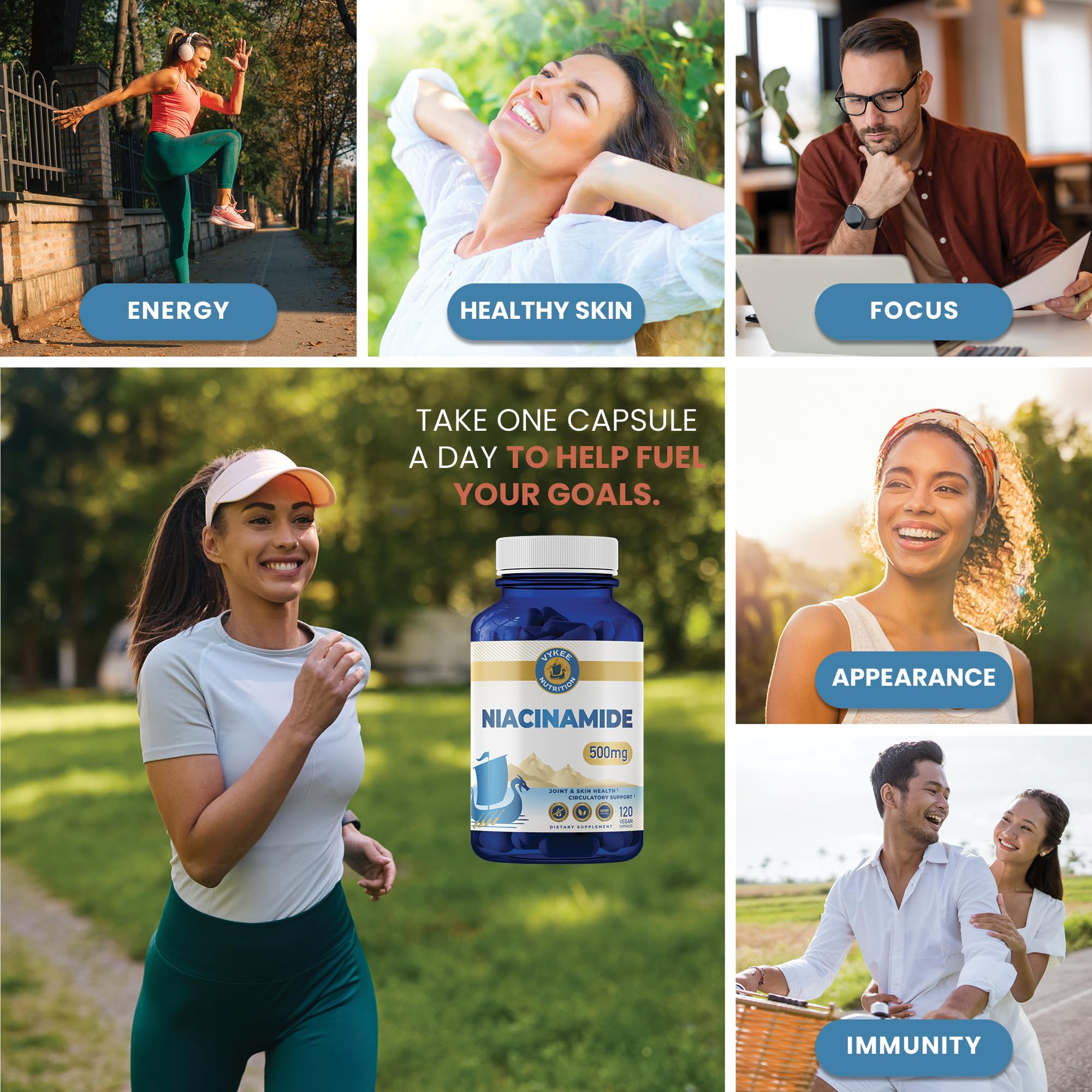 Vykee Niacinamide capsules in hand for easy daily use and skin support.