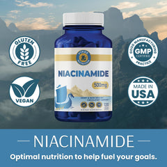 Vykee Niacinamide packaging shows vegan, non-GMO formulation and sourcing transparency.