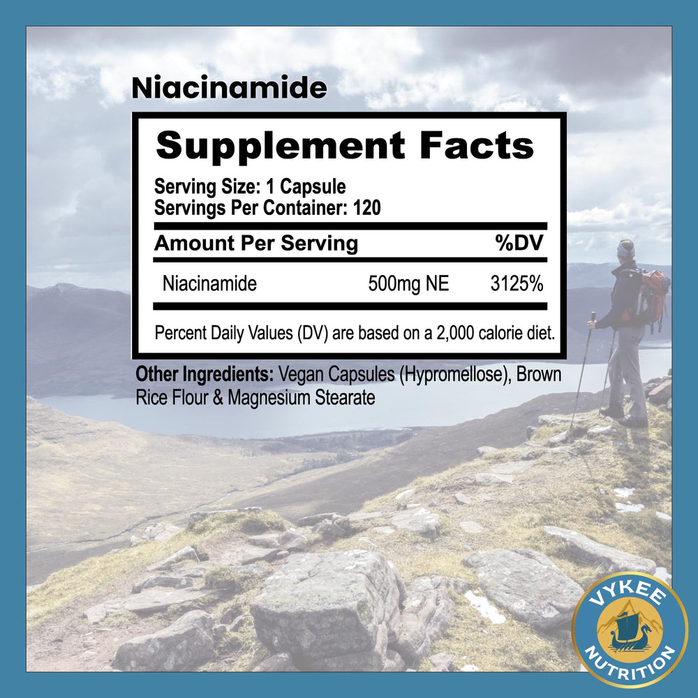 Vykee Niacinamide capsules emphasize vegan, gluten-free quality for wellness.