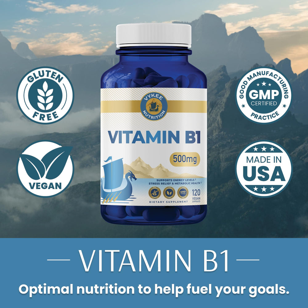 Vykee Nutrition thiamine capsules close-up showing daily energy metabolism in action