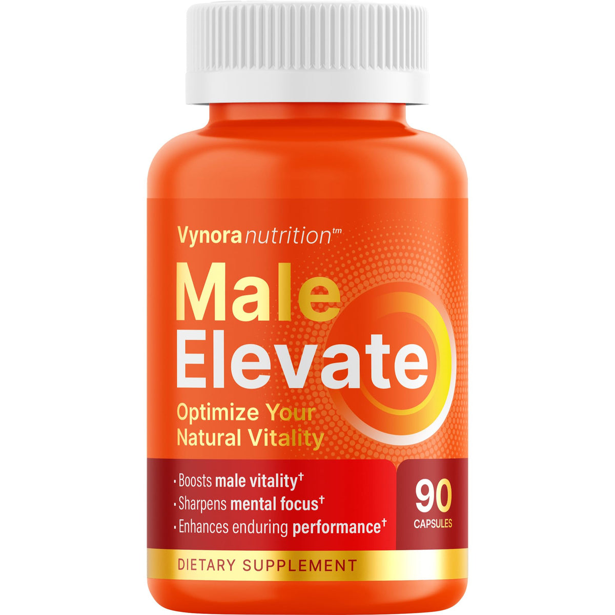 Vynora Nutrition Testosterone Booster bottle front supports energy and focus.