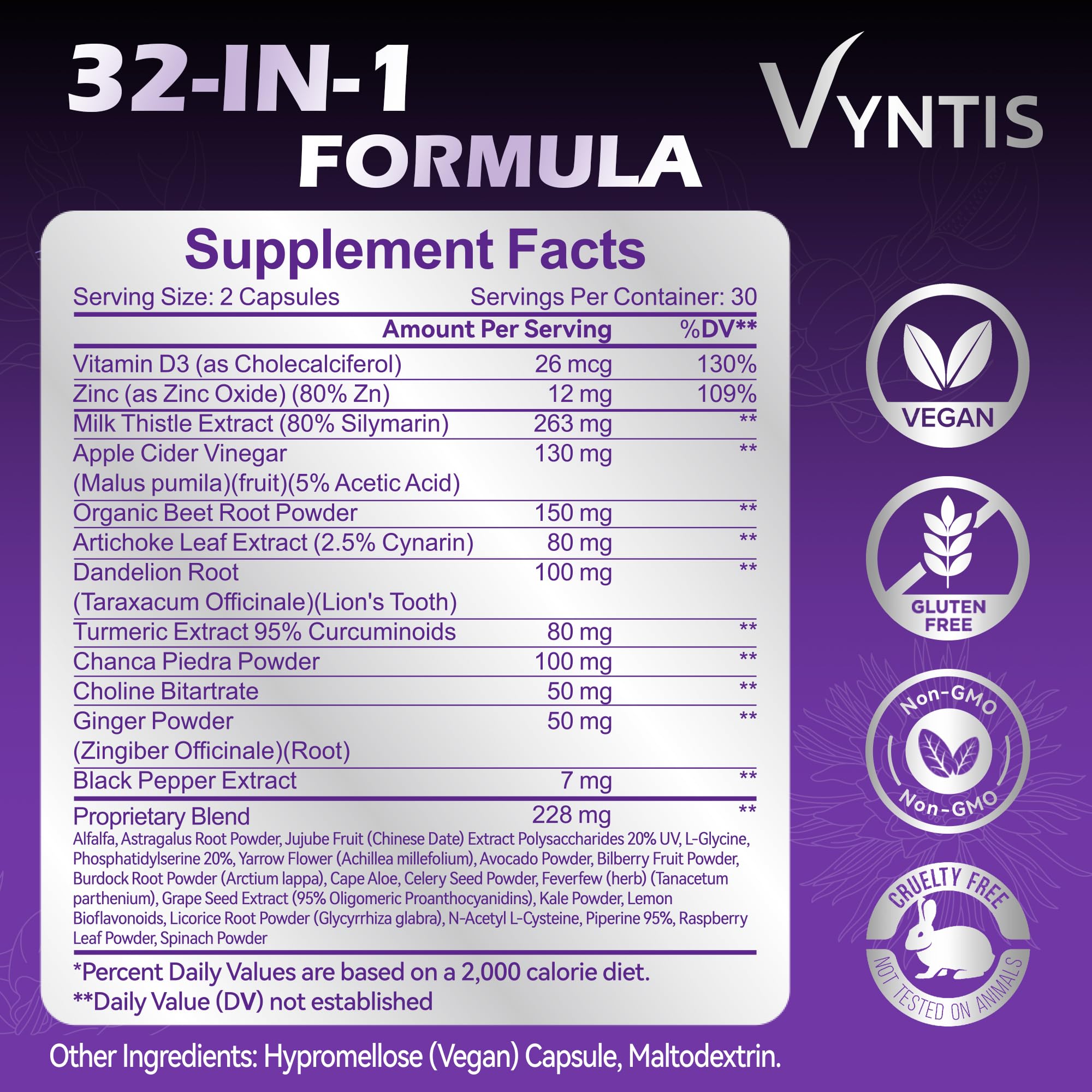 VYNTIS capsules closeup highlighting 32-in-1 detox blend.