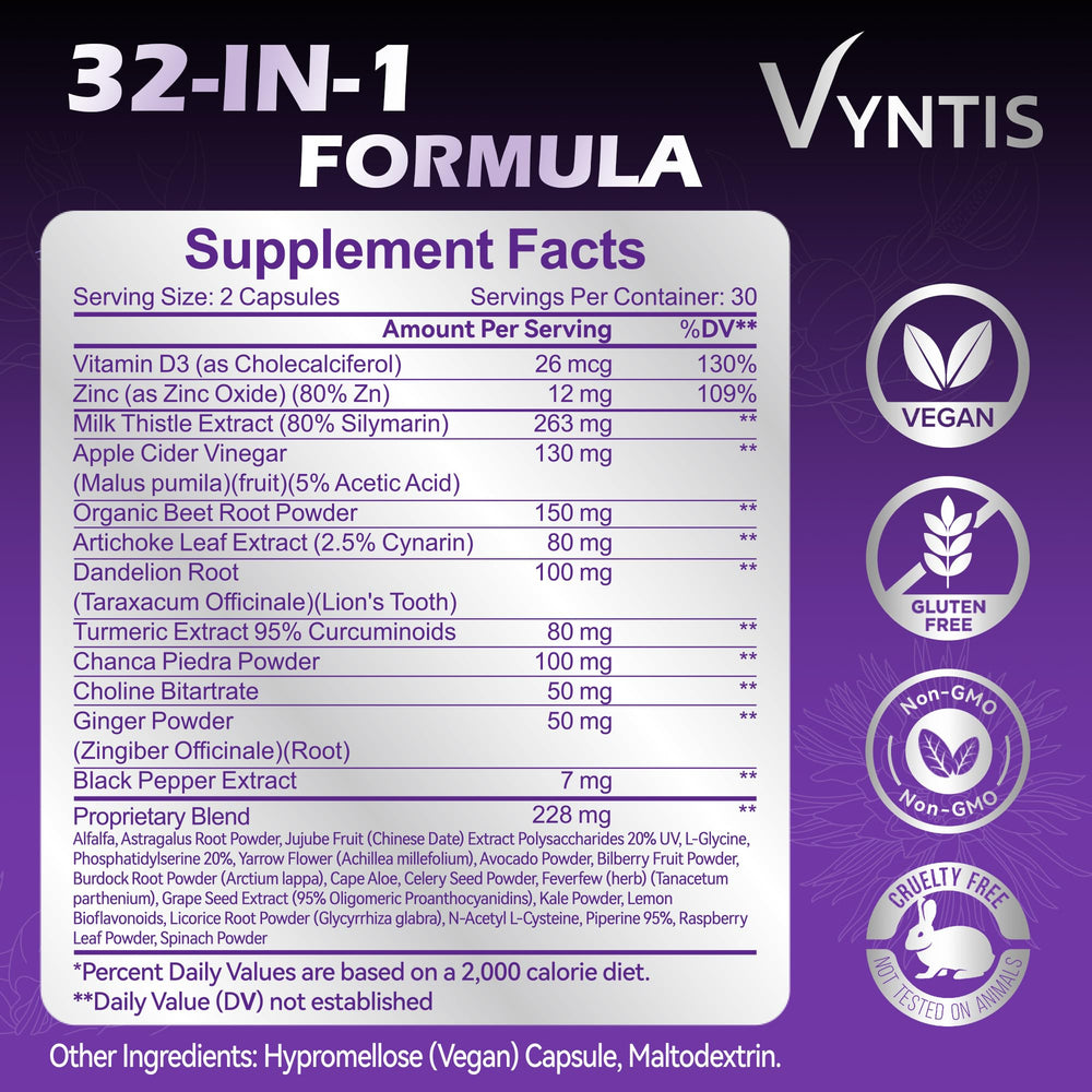VYNTIS capsules closeup highlighting 32-in-1 detox blend.
