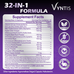 VYNTIS capsules closeup highlighting 32-in-1 detox blend.