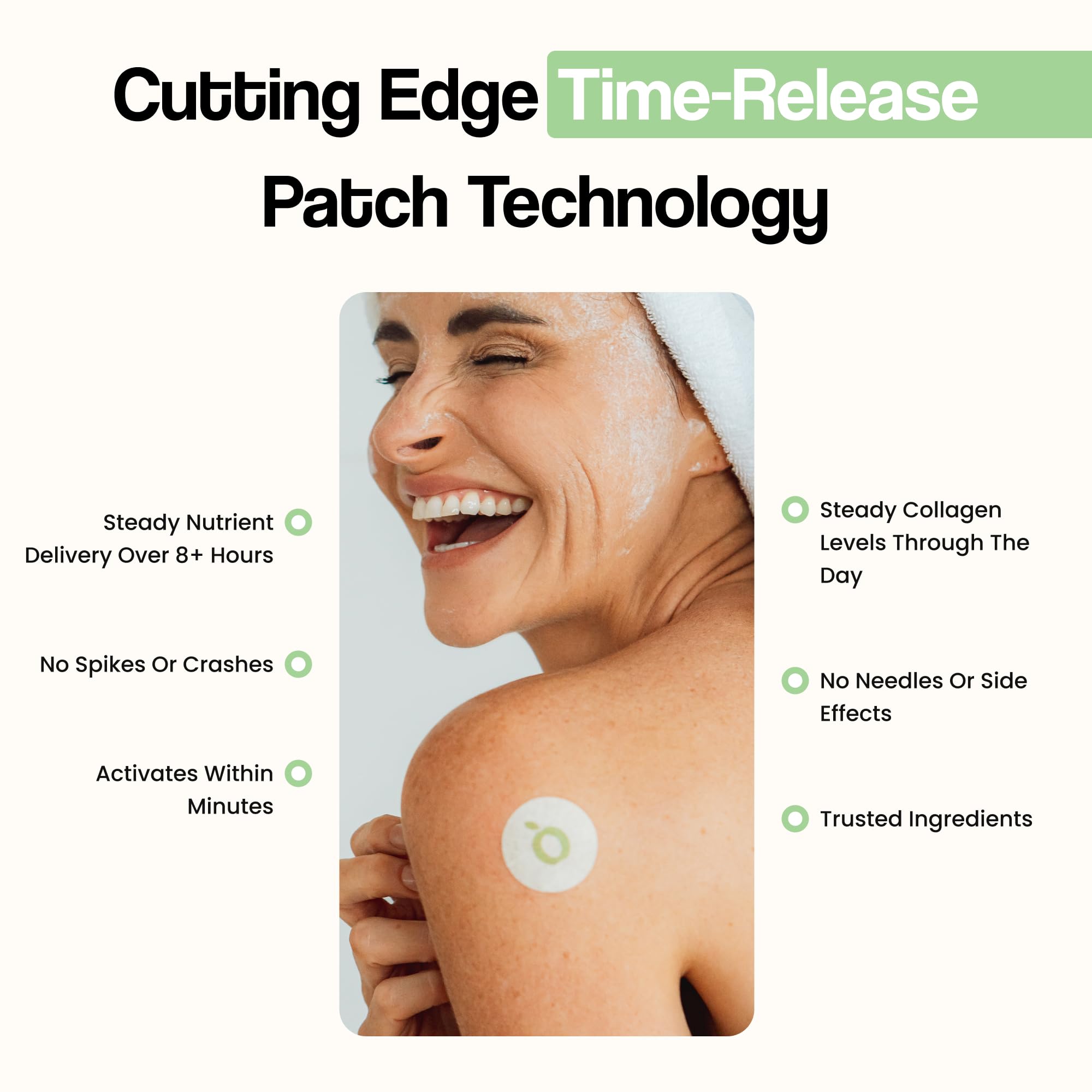 Patch on skin shown beside vitamins in a skincare routine.