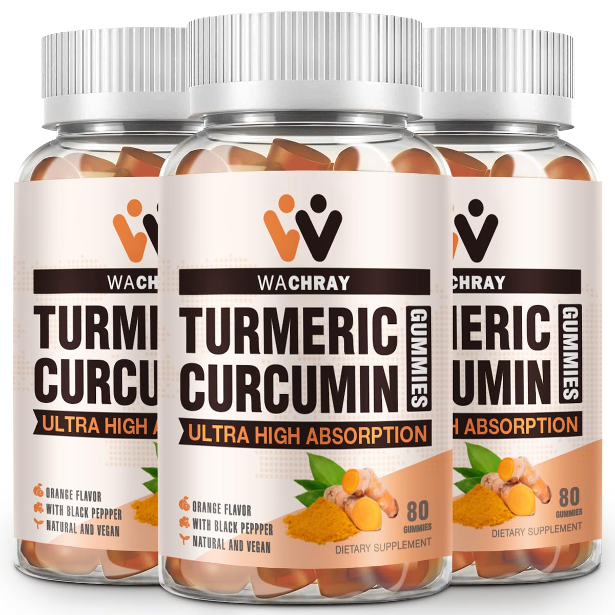 WACHRAY turmeric-curcumin gummies bottle front for daily wellness support.