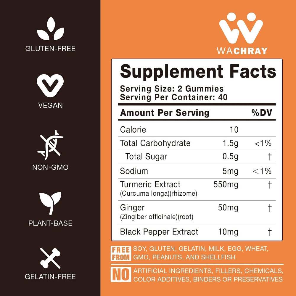 WACHRAY turmeric-curcumin gummies bottle with ginger and pepper suggests convenient daily support.