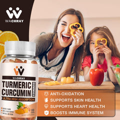 WACHRAY turmeric-curcumin gummies ingredients label closeup highlights vegan, non-GMO formulation.