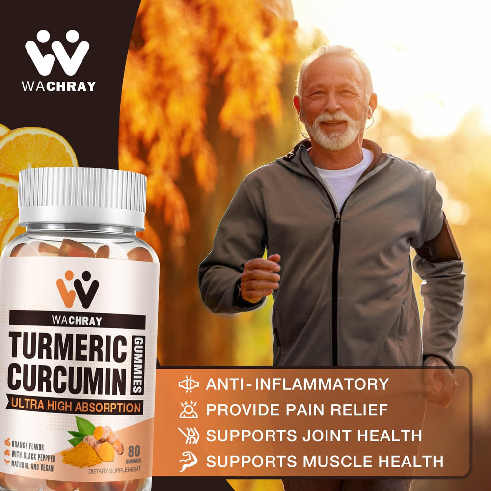 WACHRAY turmeric-curcumin gummies being poured for easy daily use.