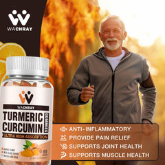 WACHRAY turmeric-curcumin gummies being poured for easy daily use.