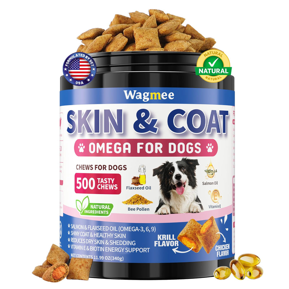 Wagmee Omega 3 for Dogs packaging and chews promoting skin and coat health
