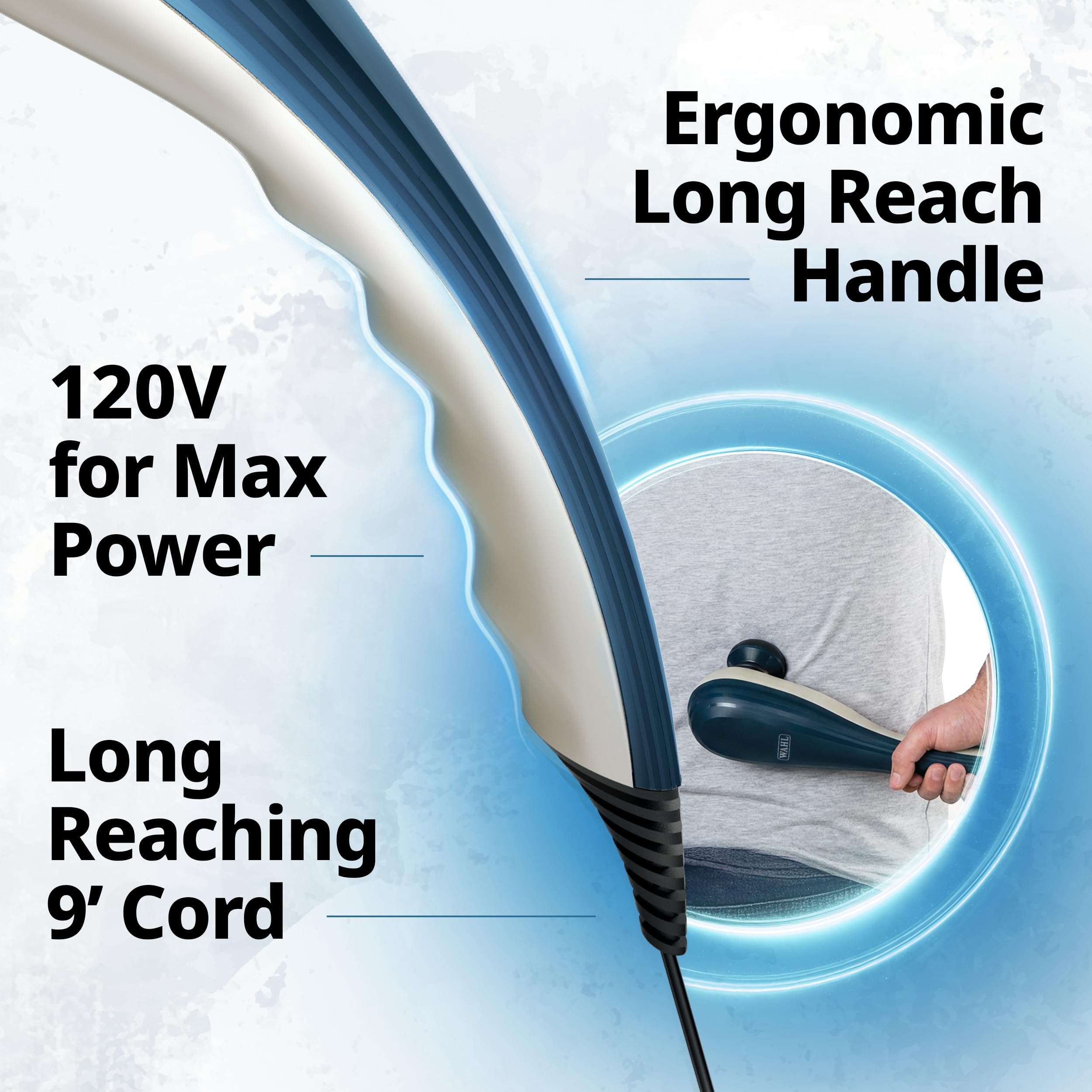 Wahl massager in use on back promotes continuous stimulation during recovery