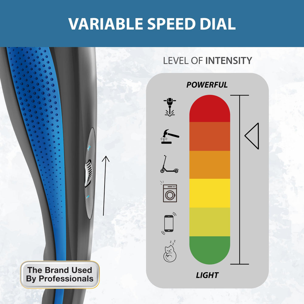 Variable-speed control on Wahl massager for gentle to deep sessions.