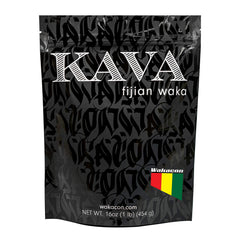 Wakacon Kava Waka Powder bottle shows Fiji origin for a calming ritual.