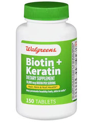 Walgreens Biotin + Keratin bottle front view for daily hair and nail support