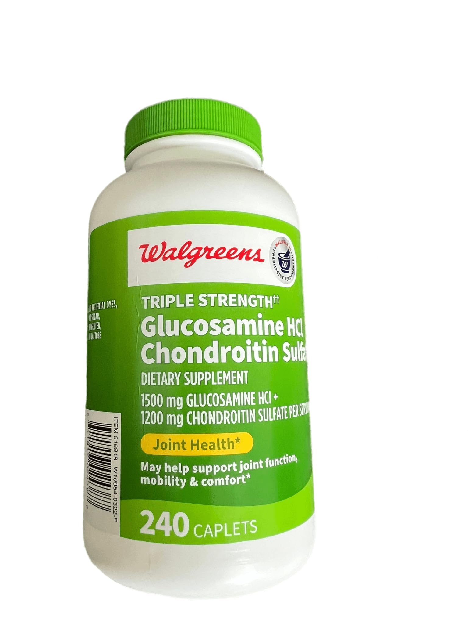 Walgreens Glucosamine Chondroitin bottle on table promotes flexible joints for activity.