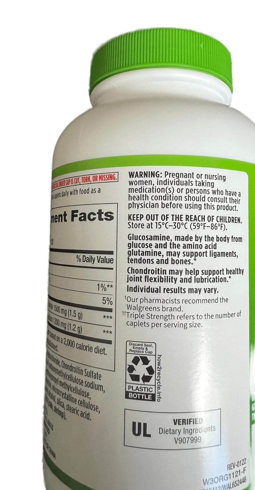 Walgreens Glucosamine Chondroitin label detail highlights high potency for joints.