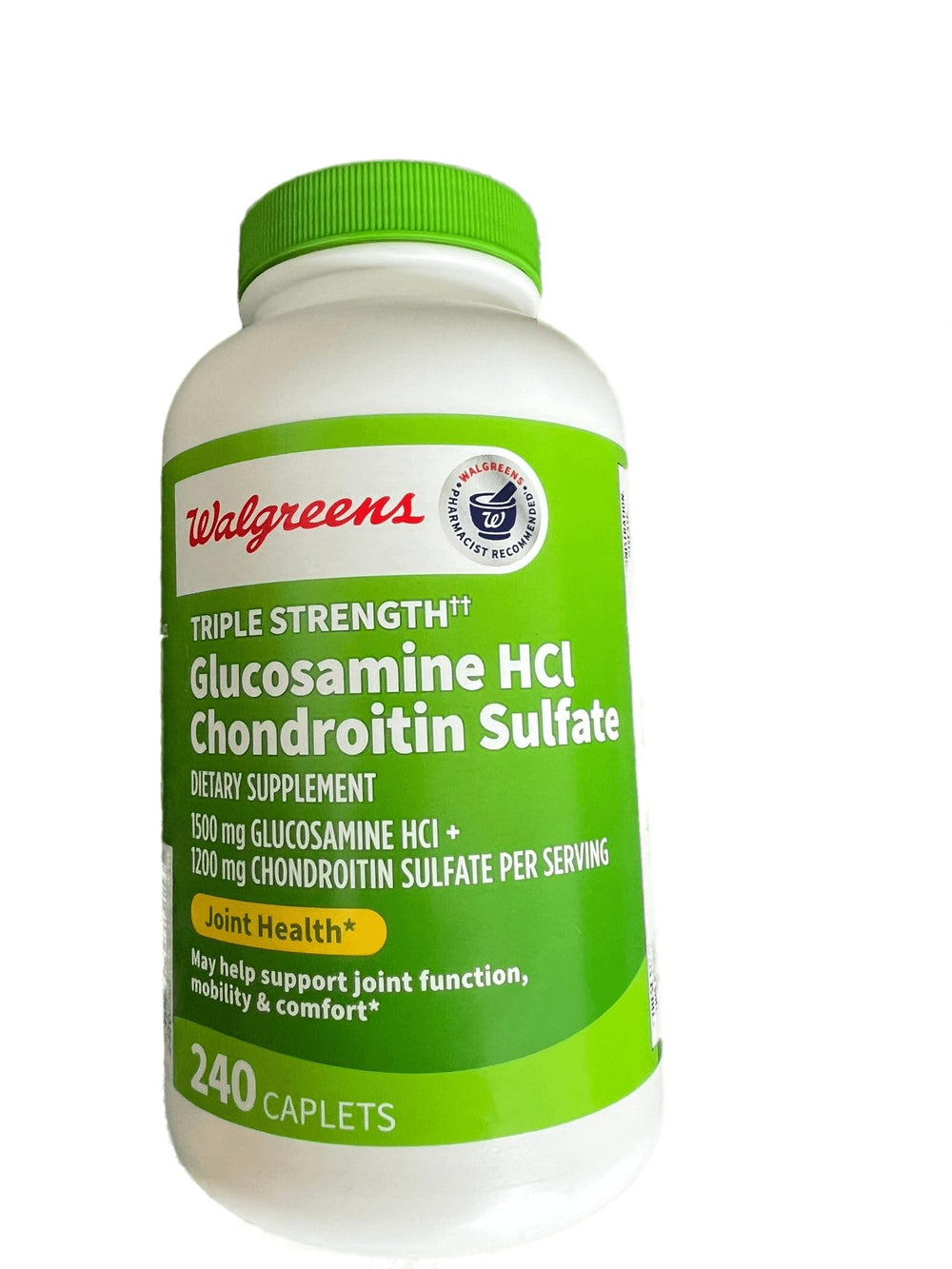 Walgreens Glucosamine Chondroitin triple-strength bottle on table supports joint comfort.