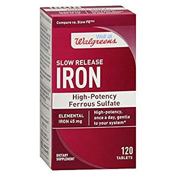 Walgreens iron slow-release tablets bottle shown for steady iron support.