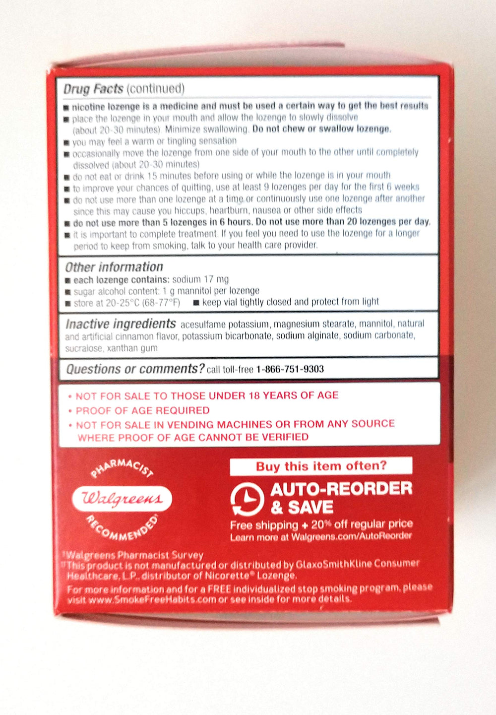 Walgreens Nicotine Lozenge 4 mg Cinnamon packaging view, convenient daily-use option.
