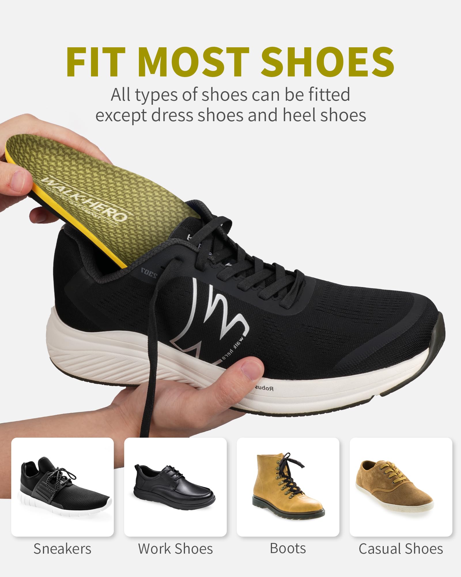 WalkHero insoles being placed into a shoe for easy replacement.