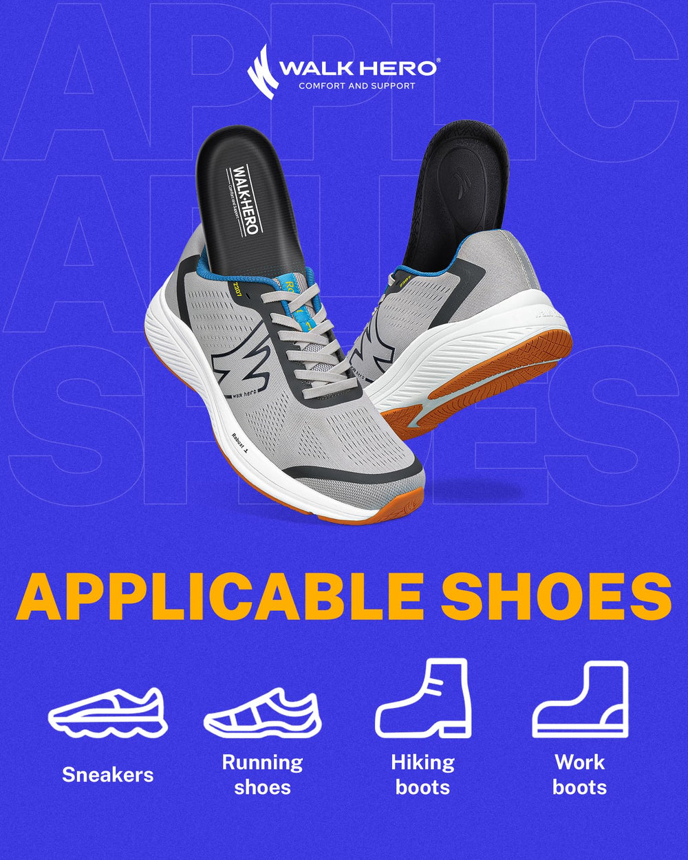 WalkHero orthotic insoles relieve foot fatigue in sneakers