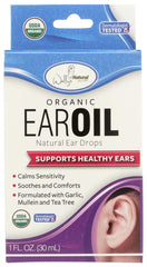 Wally's Natural Ear Oil bottle showing organic, soothing ear care for sensitive ears.