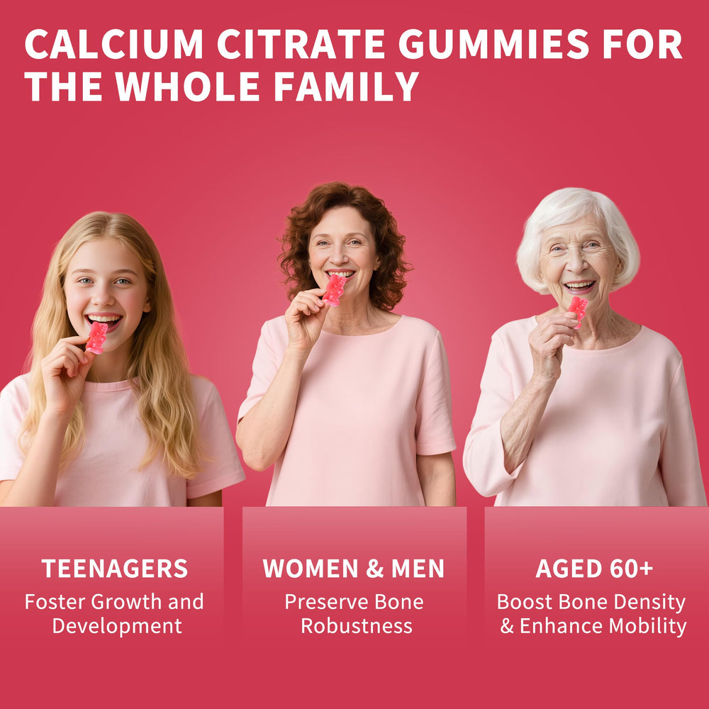 Wanish calcium citrate gummies ingredients panel, vegan and peach flavor.