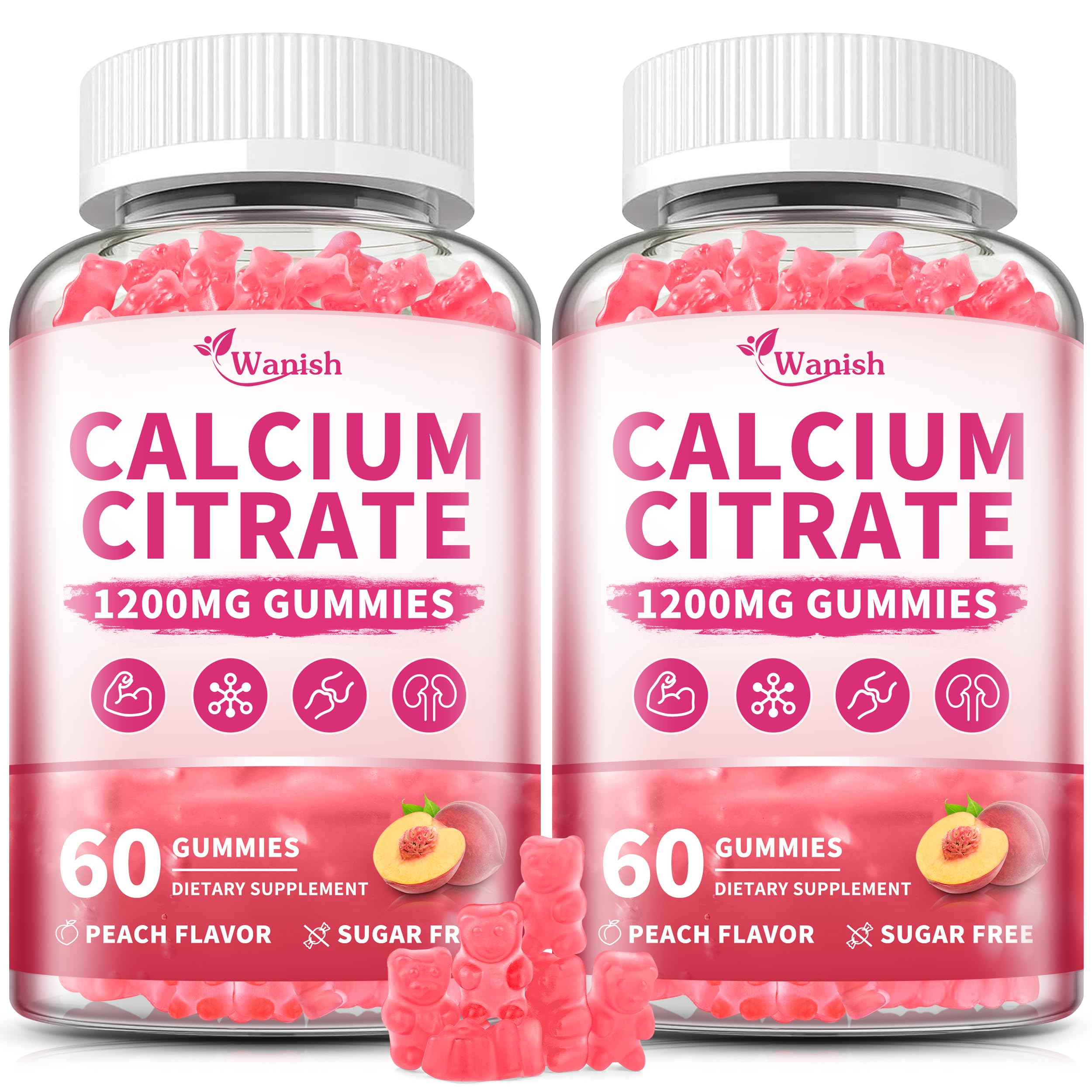 Wanish Calcium Citrate Gummies two-pack front, peach flavor, vegan and sugar-free.