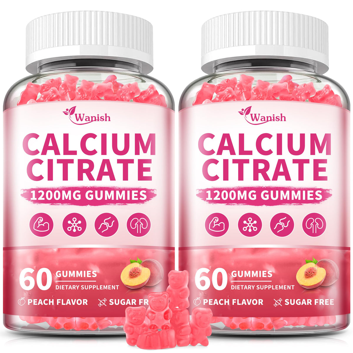 Wanish Calcium Citrate Gummies two-pack front, peach flavor, vegan and sugar-free.