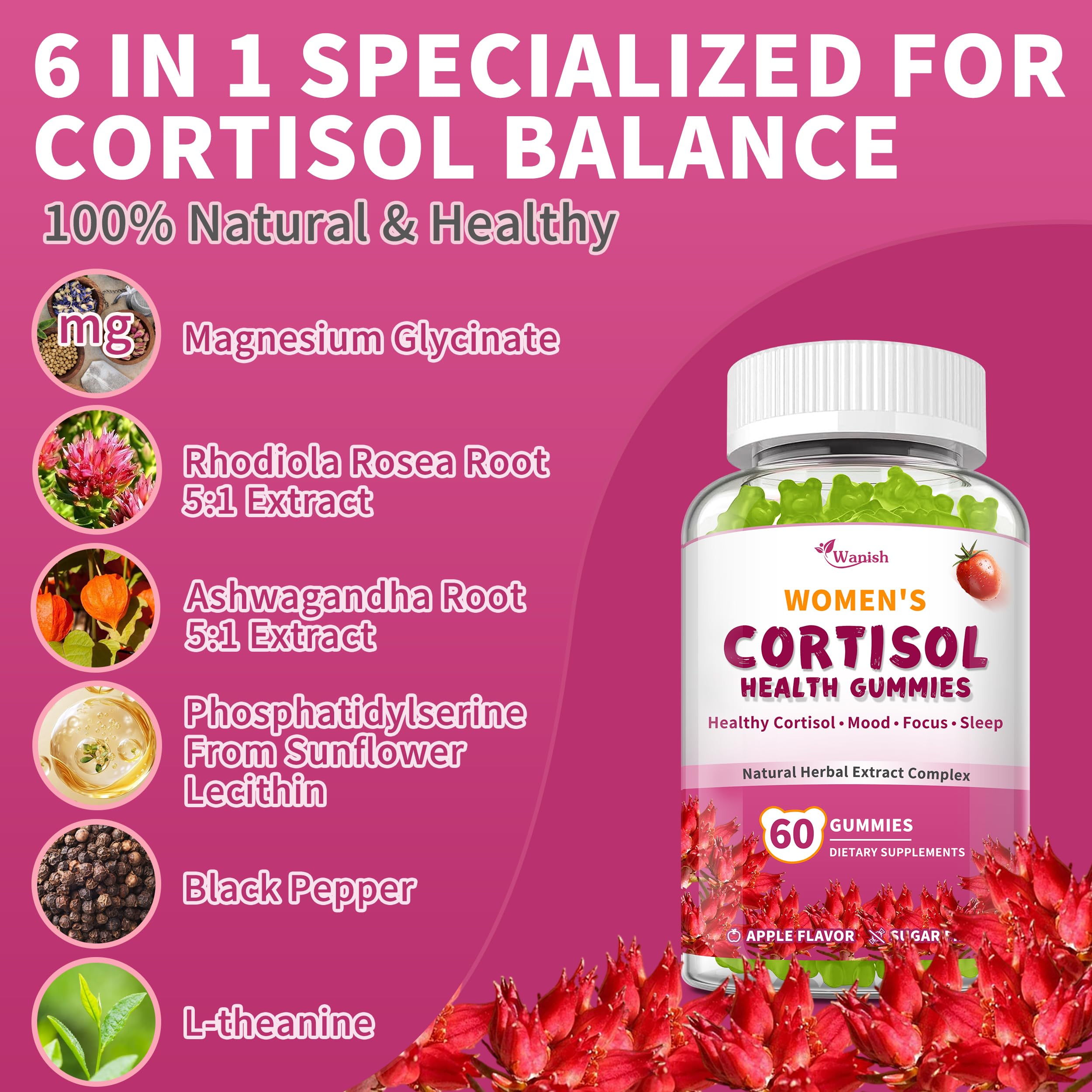 Wanish Cortisol Gummies apple-flavor closeup for daytime focus and balance.