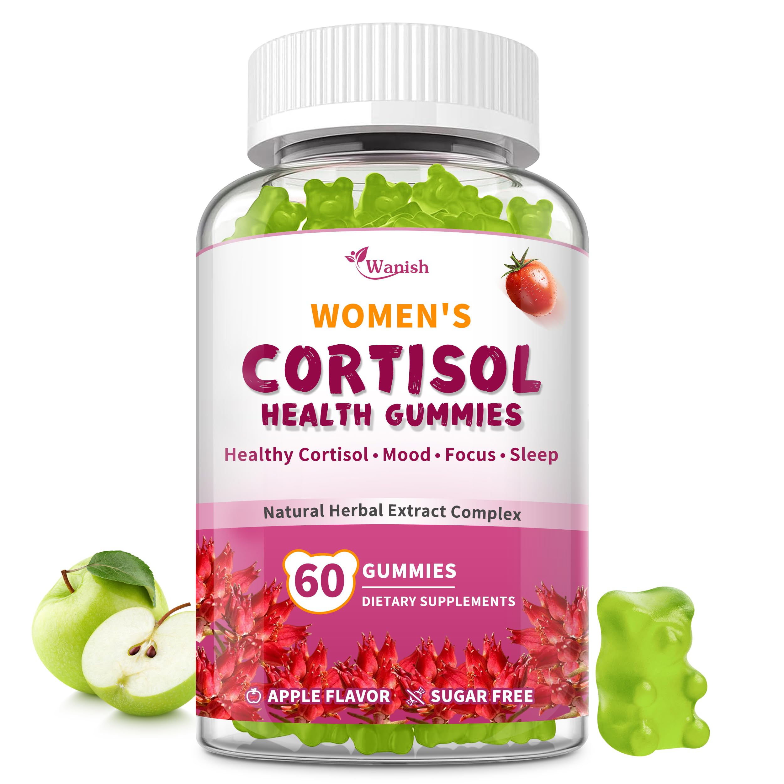 Wanish Cortisol Gummies bottle on countertop showing calm mood support in a vegan formula.