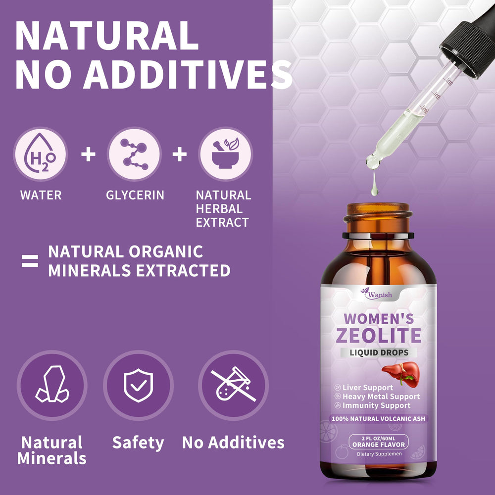 Wanish Zeolite Drops packaging highlights vegan, non-GMO, sugar-free formula