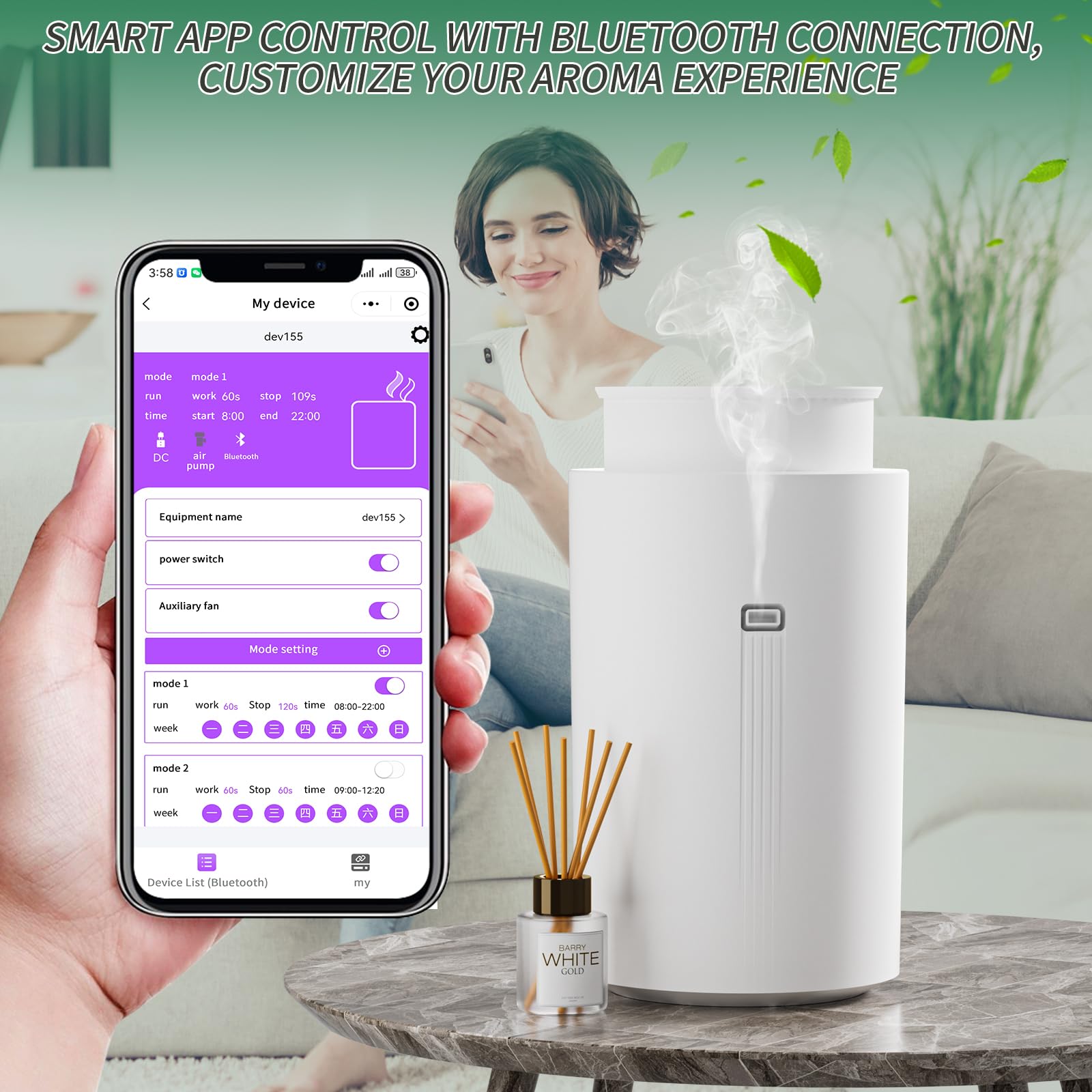 Wankeer Scent Air Machine app setup shown for Bluetooth control.